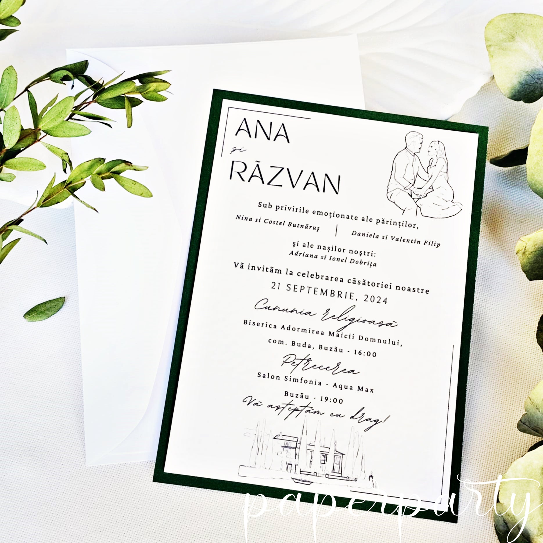 Invitatie de nunta Minimalist green edges verde smarald