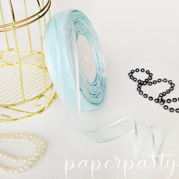 panglica organza cu margine satin albastru pastel 25mm 45m