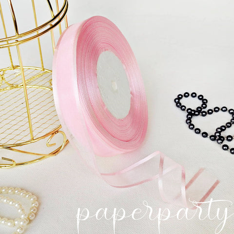 panglica organza cu margini satin roz pastel 25mm 45m