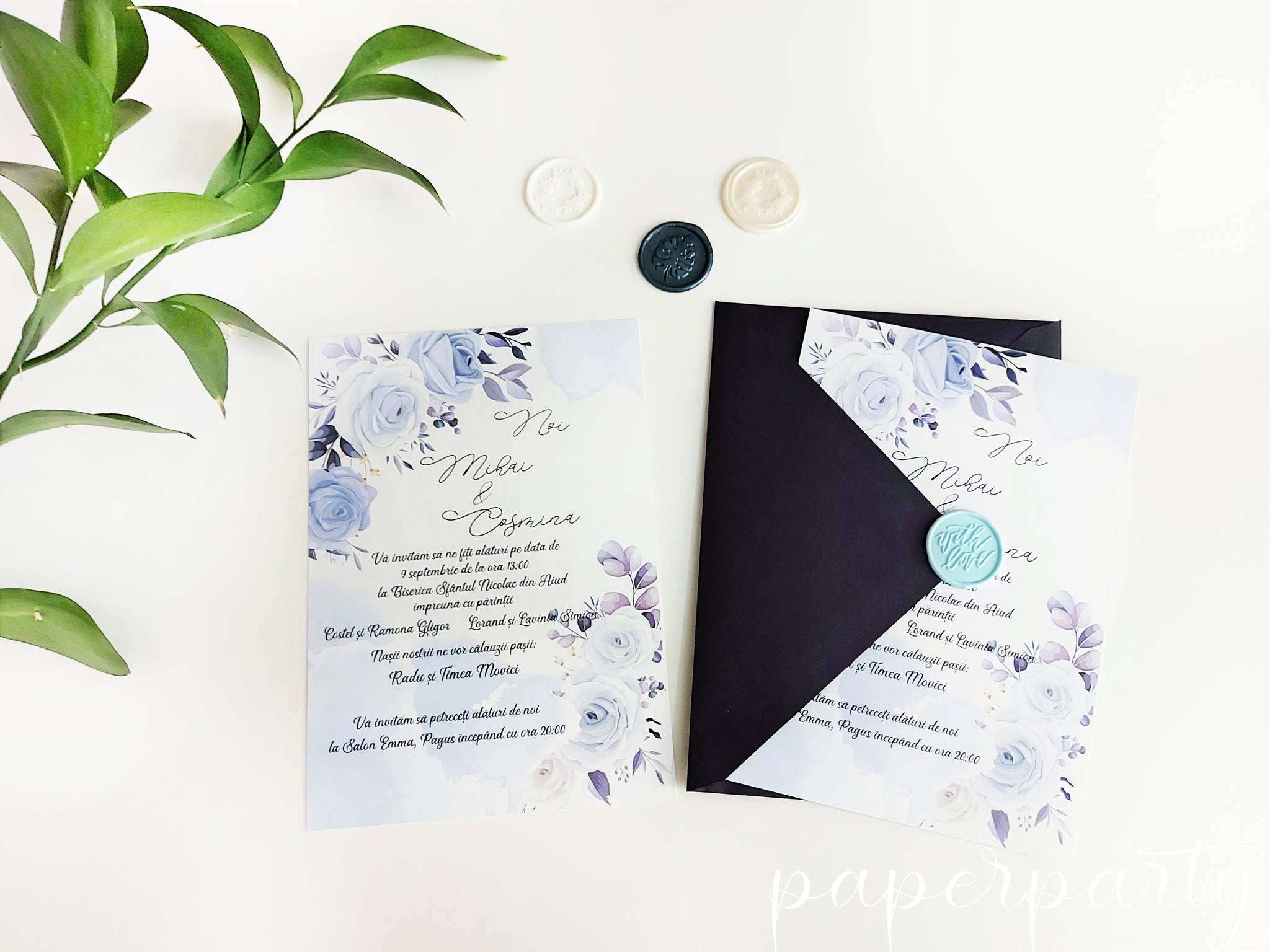 invitatie de nunta watercolor trandafiri albastri