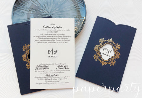 invitatie de nunta eleganta cu plic albastru navy